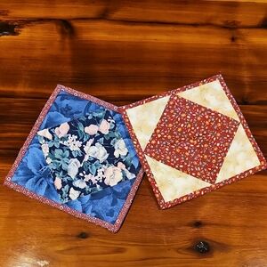 Handmade Quilted Kitchen Pot Holders - Blue Floral & Red Patchwork (Set of 2)
